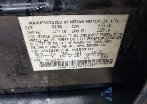 2008 Nissan Altima 2.5 S из США, поврежденный, VIN 1N4AL21E38N515046